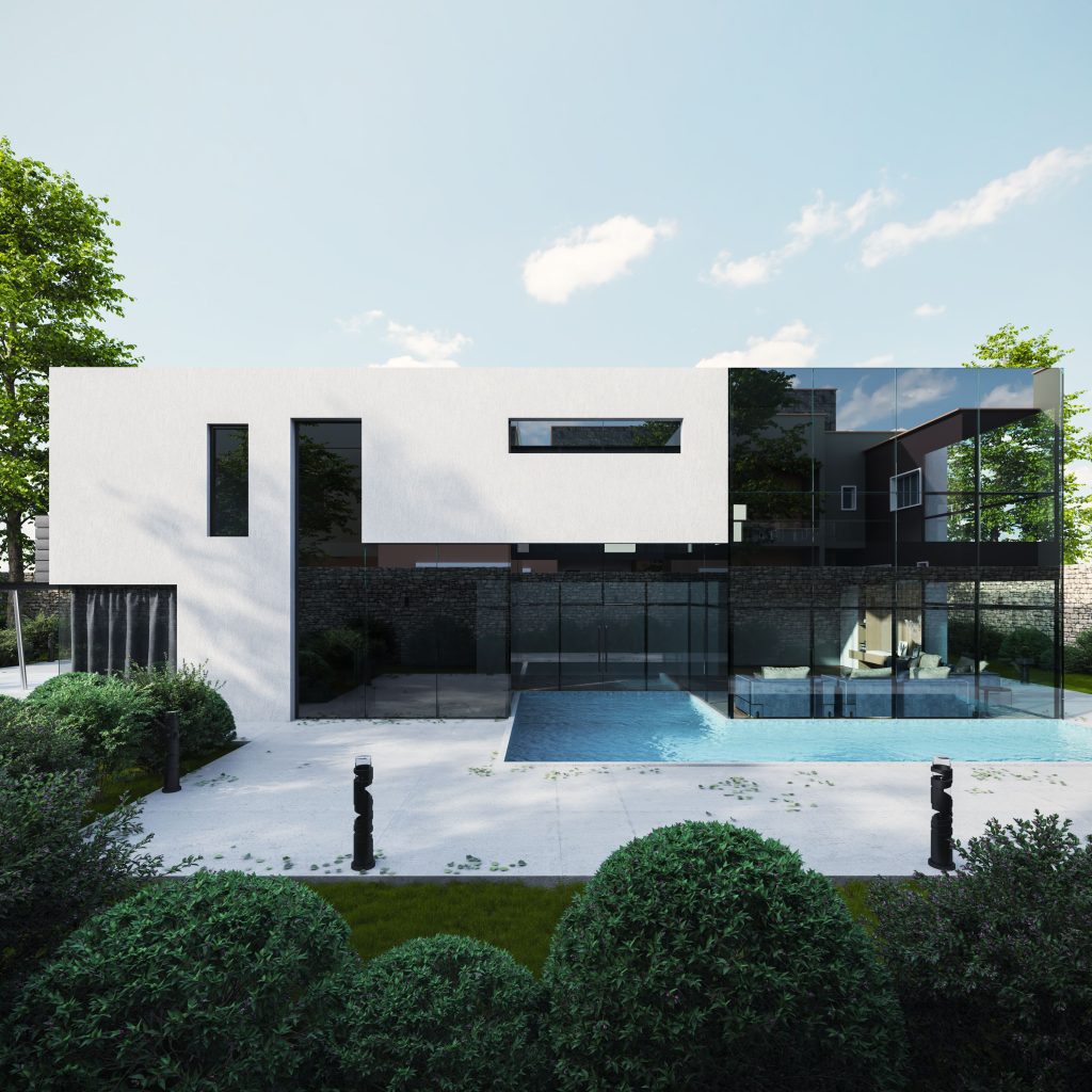 A sleek modern house exterior with a swimming pool, showcasing minimalist architecture.