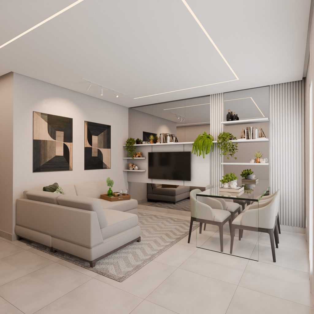 Stylish modern living room with minimalist decor, neutral tones, and green plants.