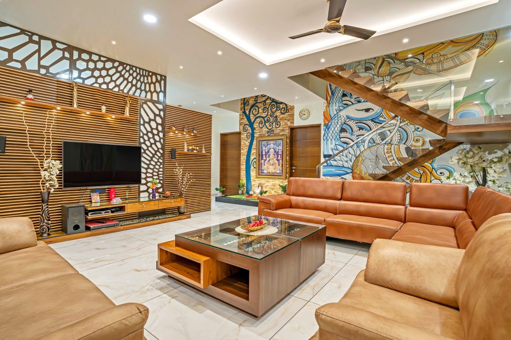 Elegant modern living room with luxurious decor in Mumbai, India.
